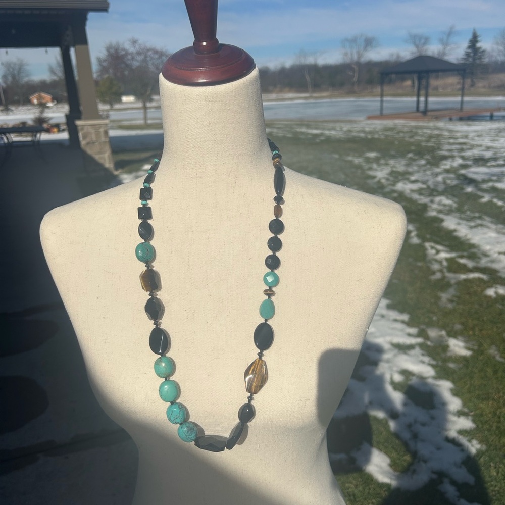 Turquoise, onyx, tigers eye and sterling silver 30” necklace